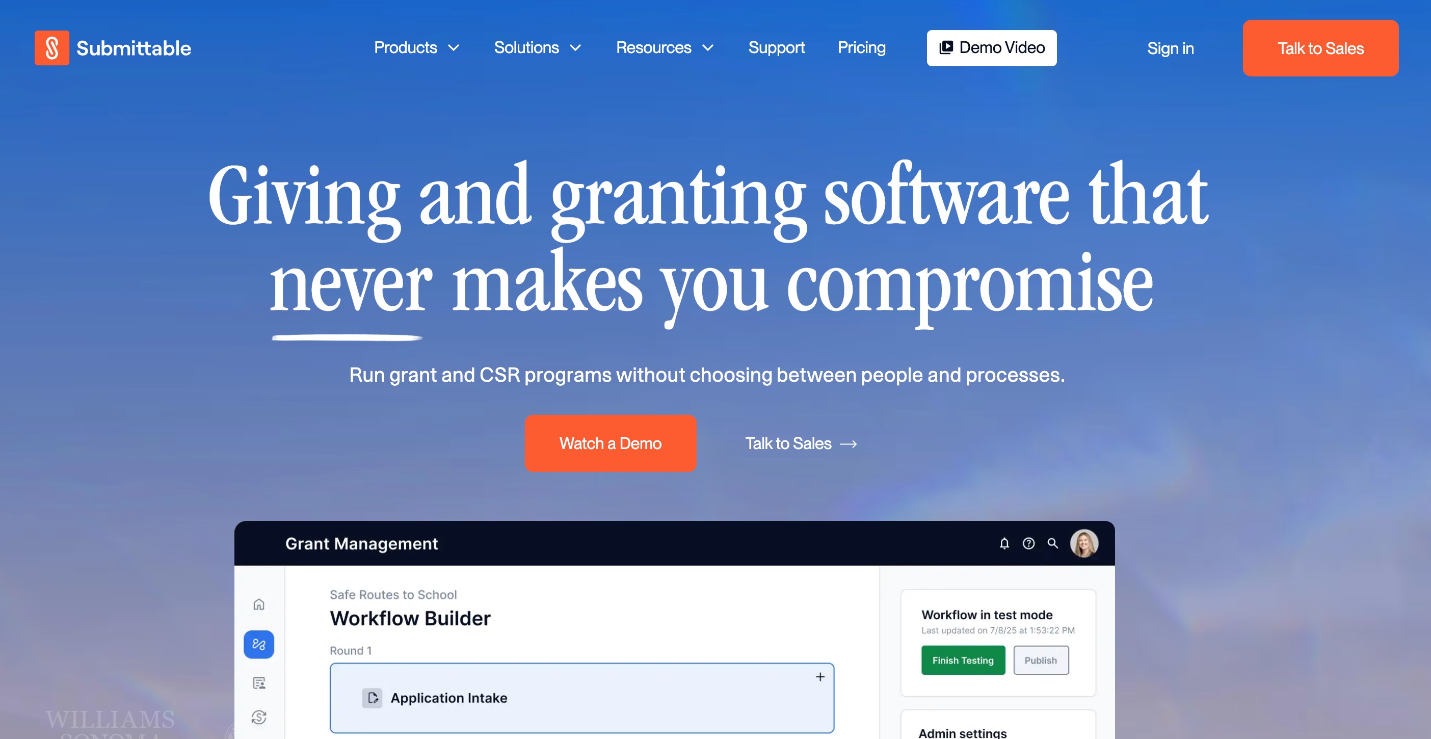 Submittable home page headlined Giving and granting software that never makes you compromise, above a grant-management workflow builder screenshot