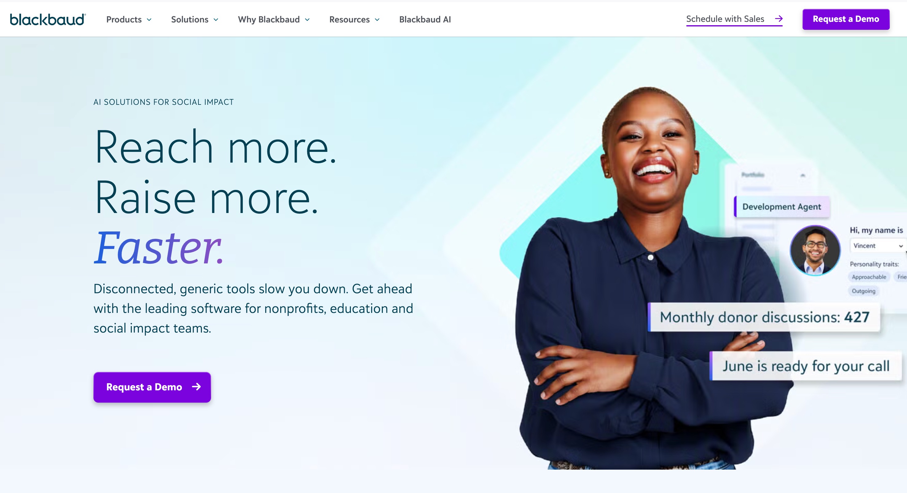 Blackbaud home page headlined Reach more. Raise more. Faster., beside a portrait with development-agent cards about monthly donor discussions