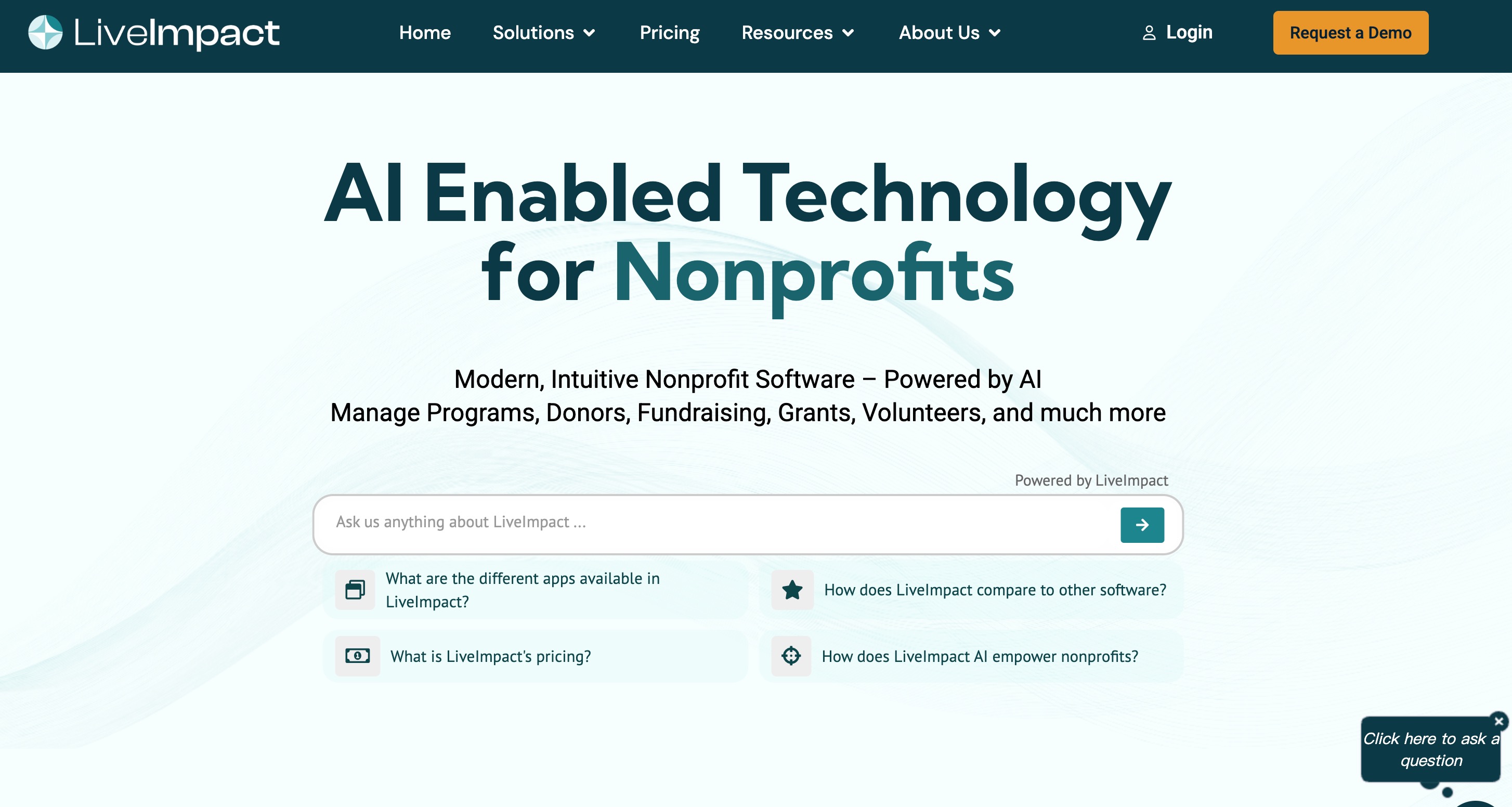 LiveImpact home page headlined AI Enabled Technology for Nonprofits, above a question box with suggested questions about available apps, pricing and how LiveImpact AI empowers nonprofits