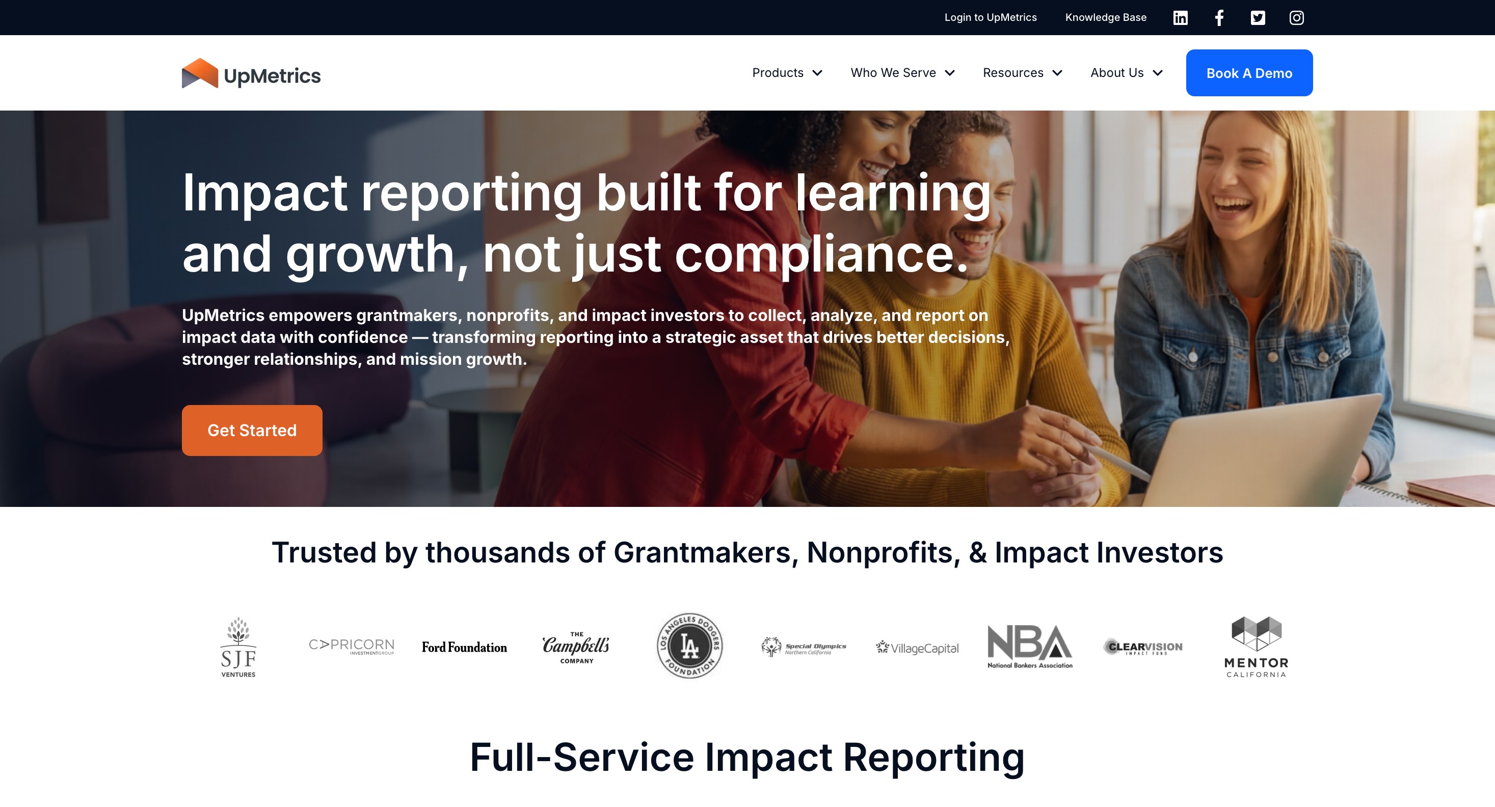 The upmetrics.com home page headlined “Impact reporting built for learning and growth, not just compliance”, above the logos of the grantmakers, nonprofits and impact investors that use the platform