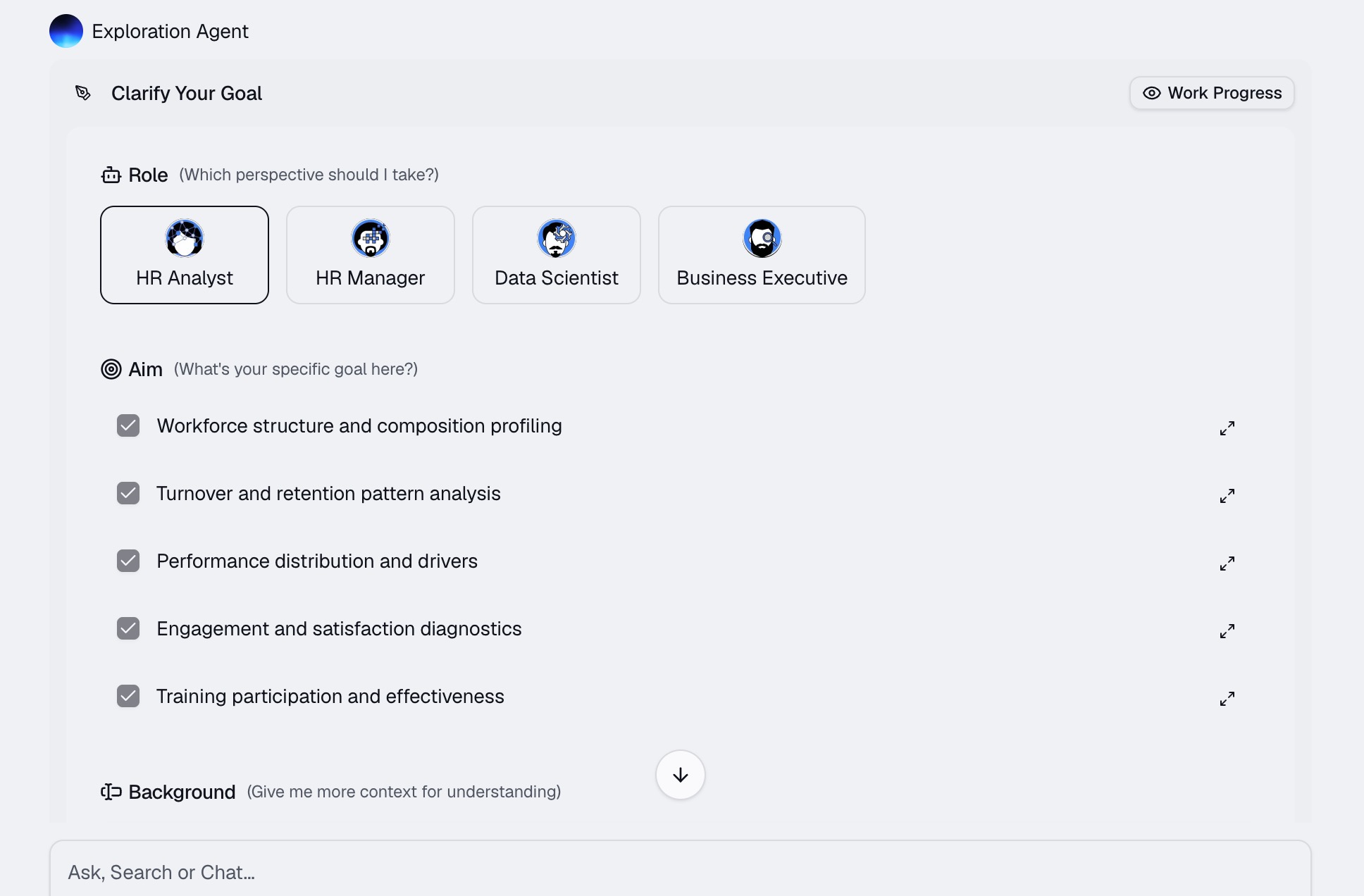 The Powerdrill Bloom Exploration Agent clarifying the goal, with HR Analyst picked as the role and five workforce aims ticked, from structure profiling to training effectiveness