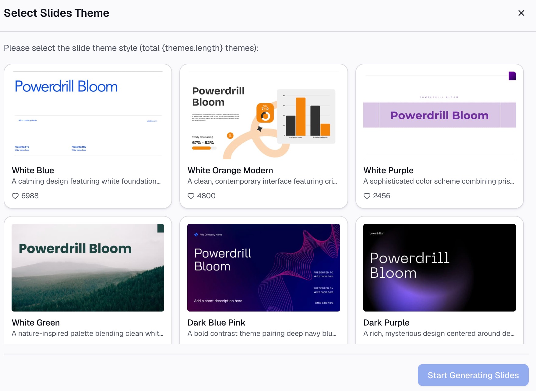 The Select Slides Theme dialog in Powerdrill Bloom offering six deck themes before the headcount dashboard is generated for sharing
