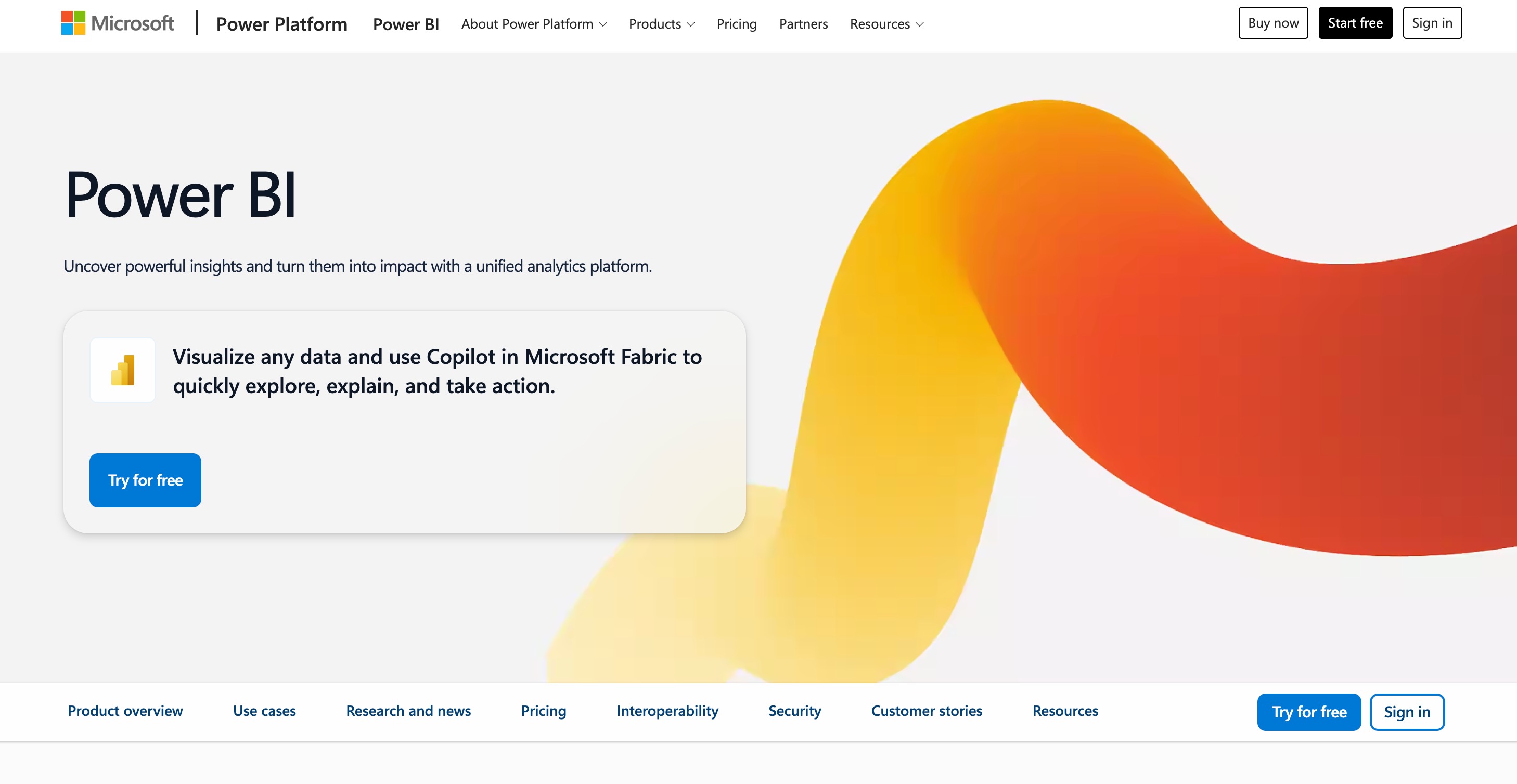 Microsoft Power BI product page on Power Platform, headlined Power BI, with a card about visualising any data and using Copilot in Microsoft Fabric beside an orange ribbon graphic