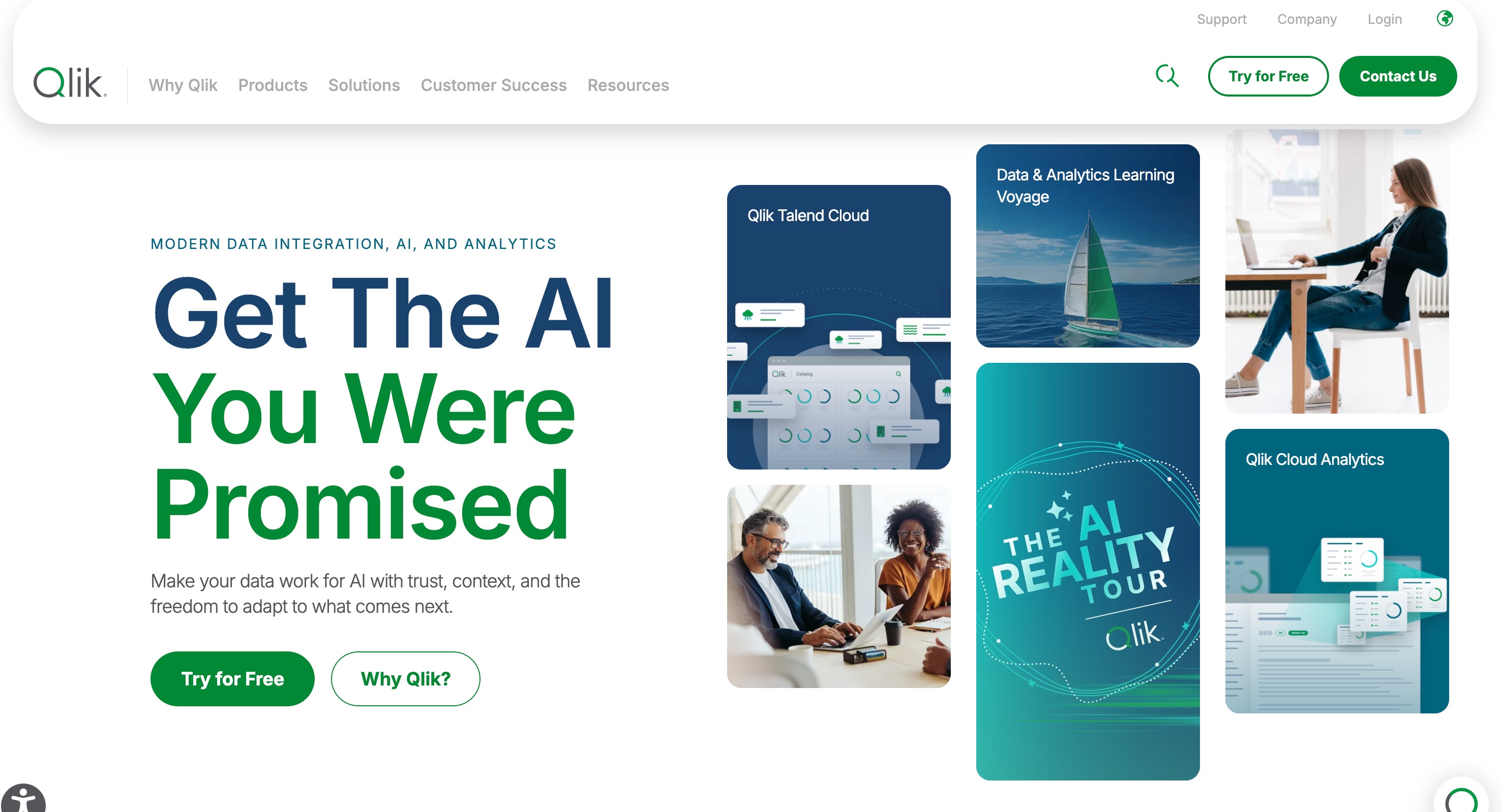 Qlik home page headlined Get The AI You Were Promised, beside a grid of cards for Qlik Talend Cloud, a Data and Analytics Learning Voyage, the AI Reality Tour and Qlik Cloud Analytics