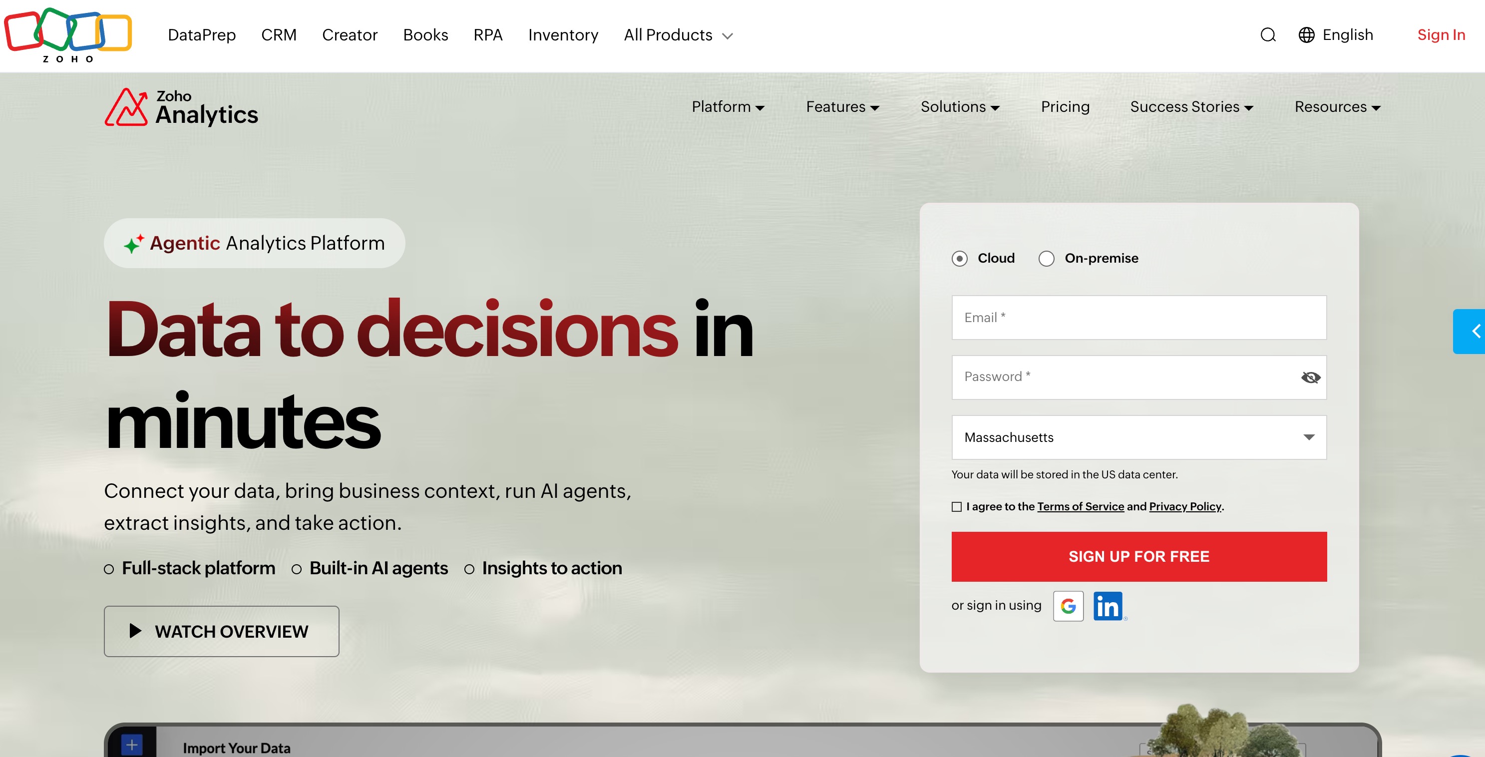 Zoho Analytics home page badged Agentic Analytics Platform and headlined Data to decisions in minutes, beside a cloud or on-premise sign-up form