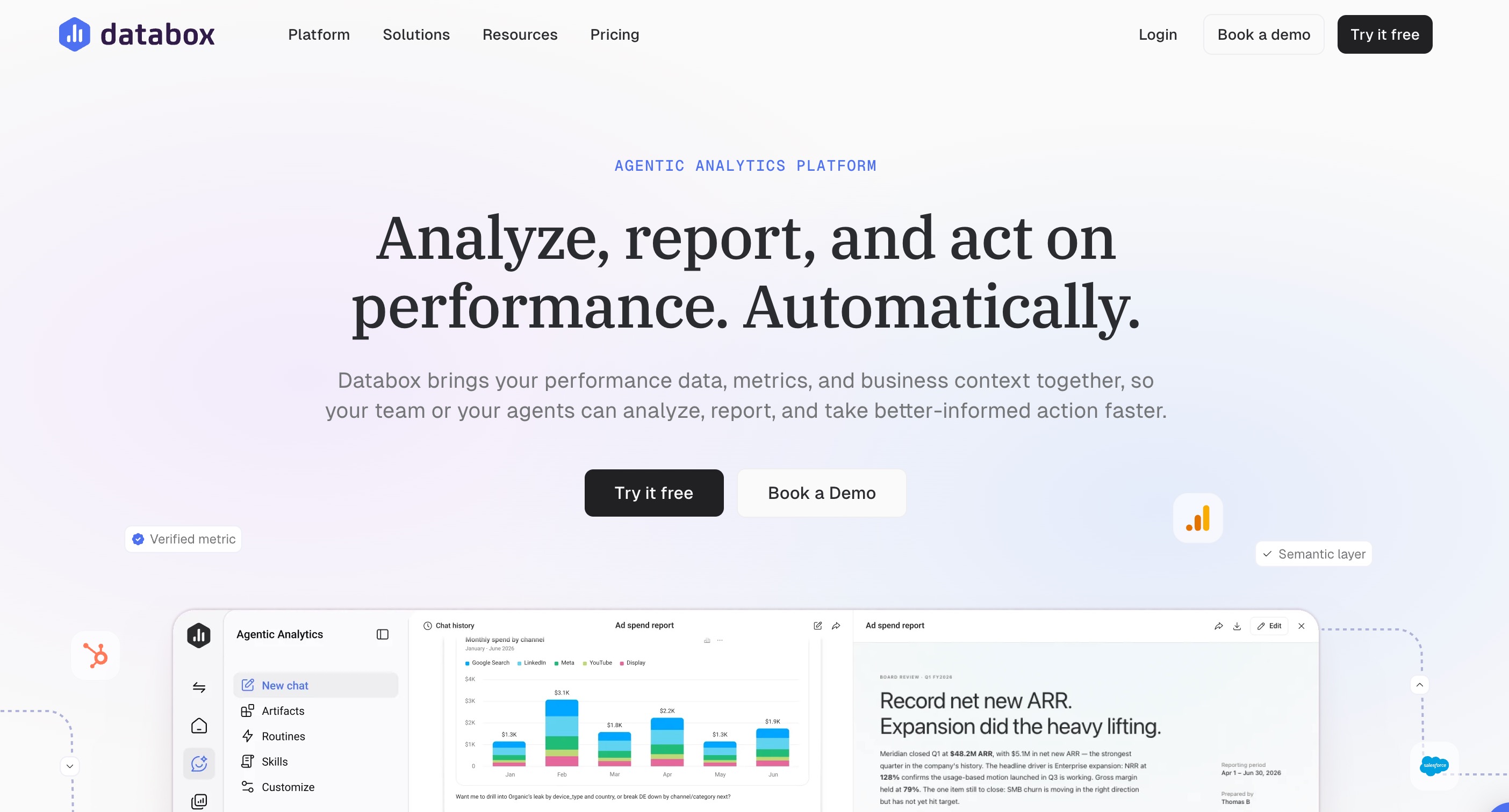 Databox home page headlined Analyze, report, and act on performance. Automatically., above an agentic analytics workspace showing monthly ad spend by channel and a generated ad spend report