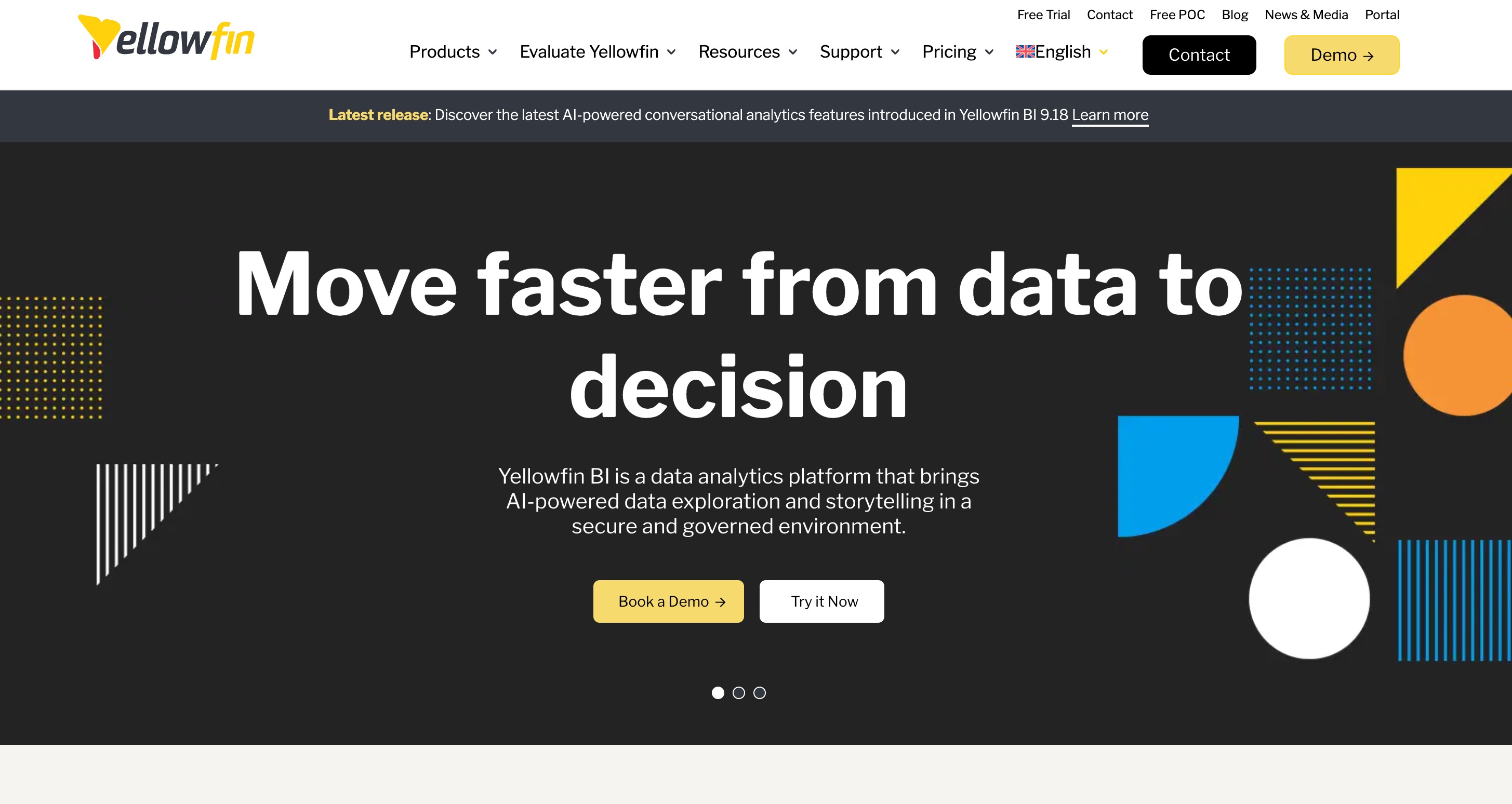 Yellowfin BI home page headlined Move faster from data to decision, on a dark ground of geometric shapes under a banner for the Yellowfin BI 9.18 release