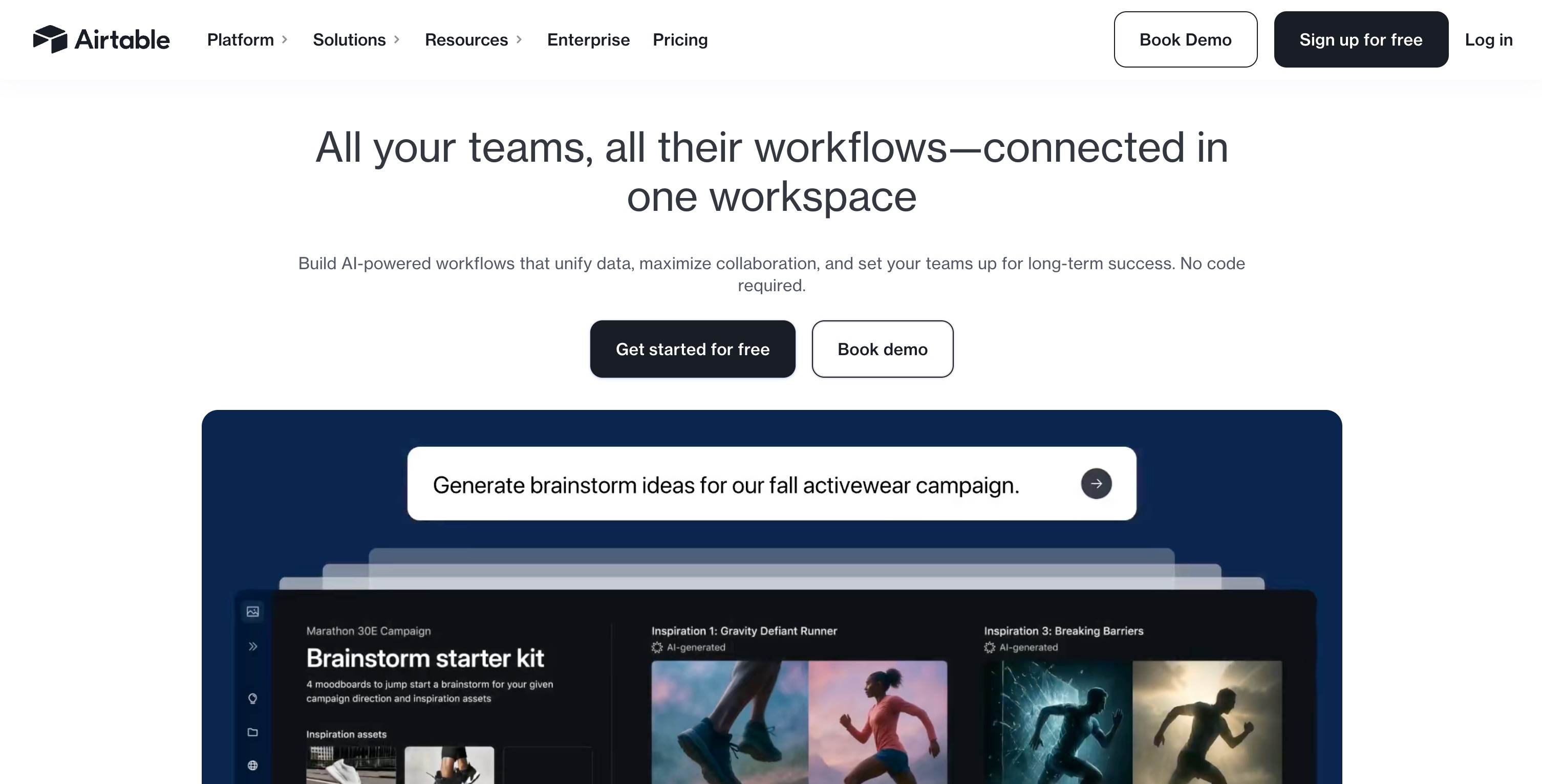Airtable home page headlined All your teams, all their workflows connected in one workspace, above a dark product shot of an AI brainstorm starter kit for a marathon campaign