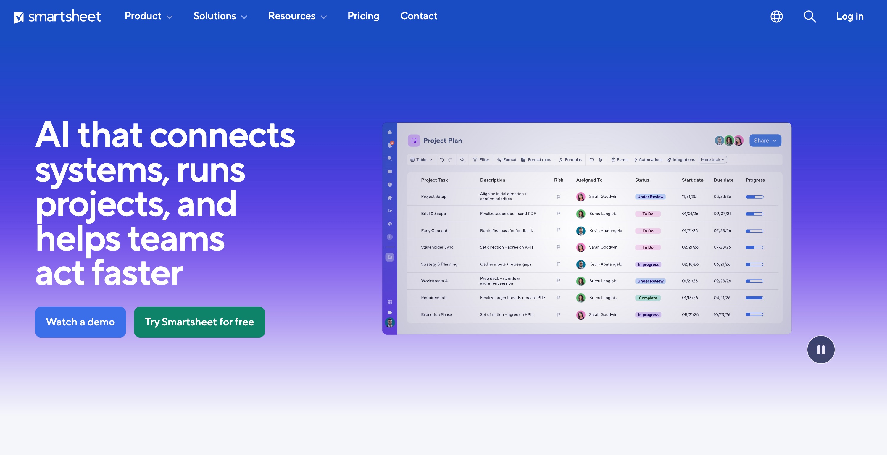 Smartsheet home page headlined AI that connects systems, runs projects, and helps teams act faster, beside a Project Plan grid listing tasks with owners, statuses and due dates