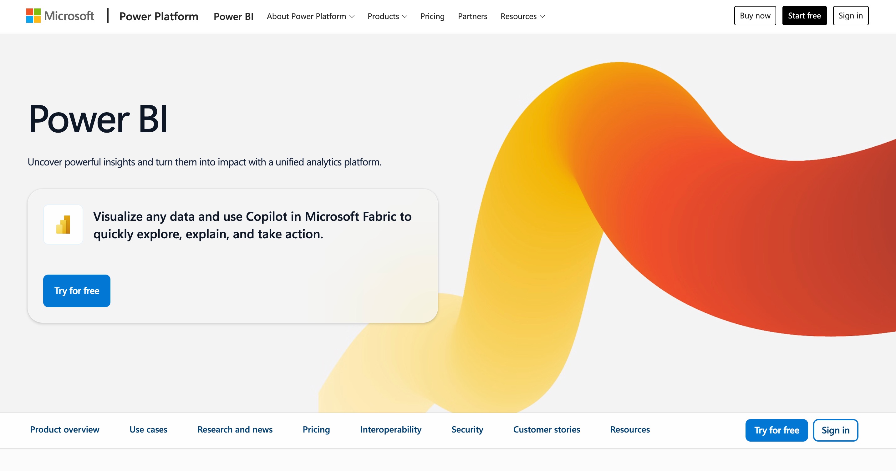 Microsoft Power BI product page on Power Platform, with a card about visualising any data and using Copilot in Microsoft Fabric beside an orange ribbon graphic