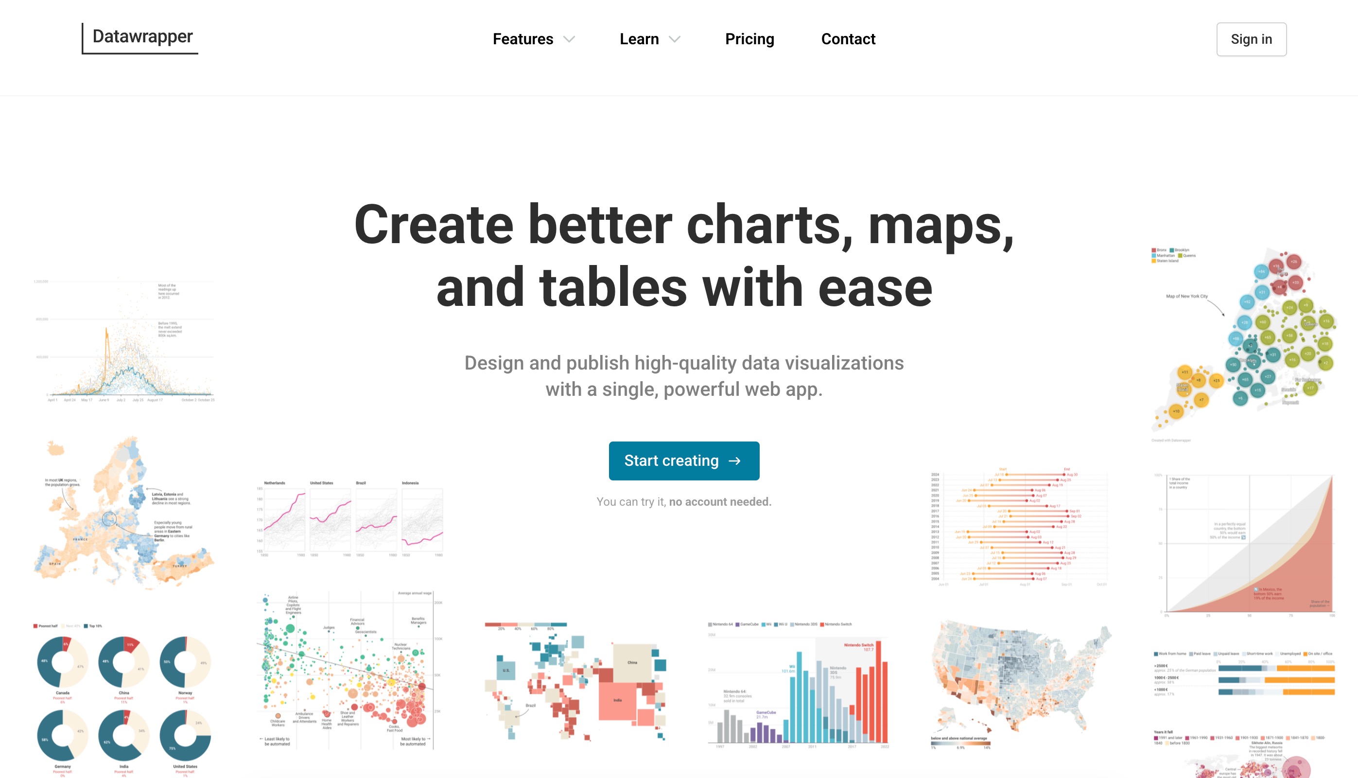 Datawrapper home page headlined Create better charts, maps, and tables with ease, framed by a mosaic of published line charts, choropleth maps and donut charts