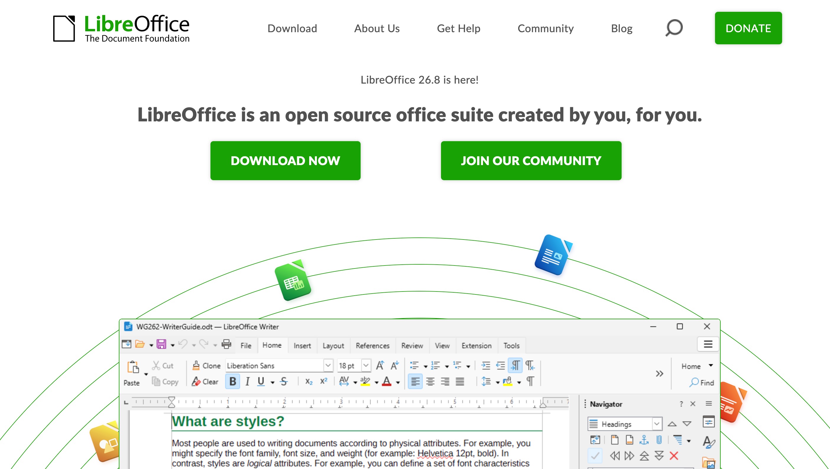 LibreOffice home page announcing LibreOffice 26.8 and headlined an open source office suite created by you, for you, above a LibreOffice Writer window showing a styles guide
