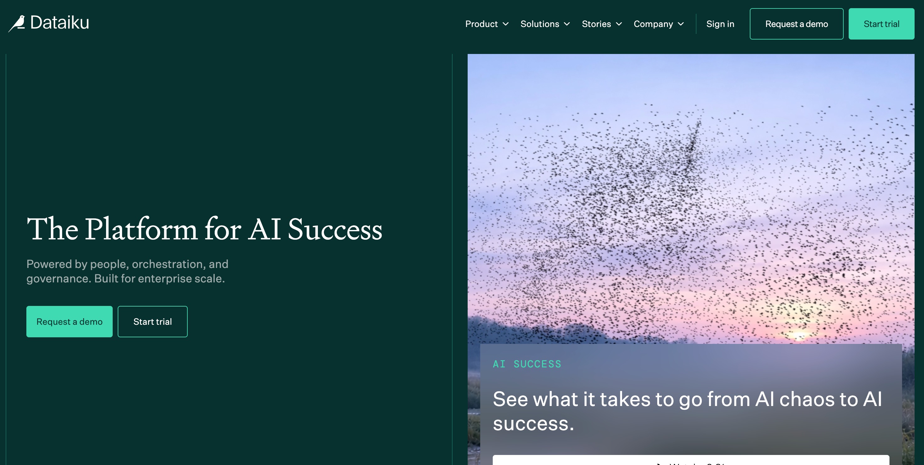 Dataiku home page headlined The Platform for AI Success, powered by people, orchestration and governance, beside a photograph of a starling murmuration at dusk