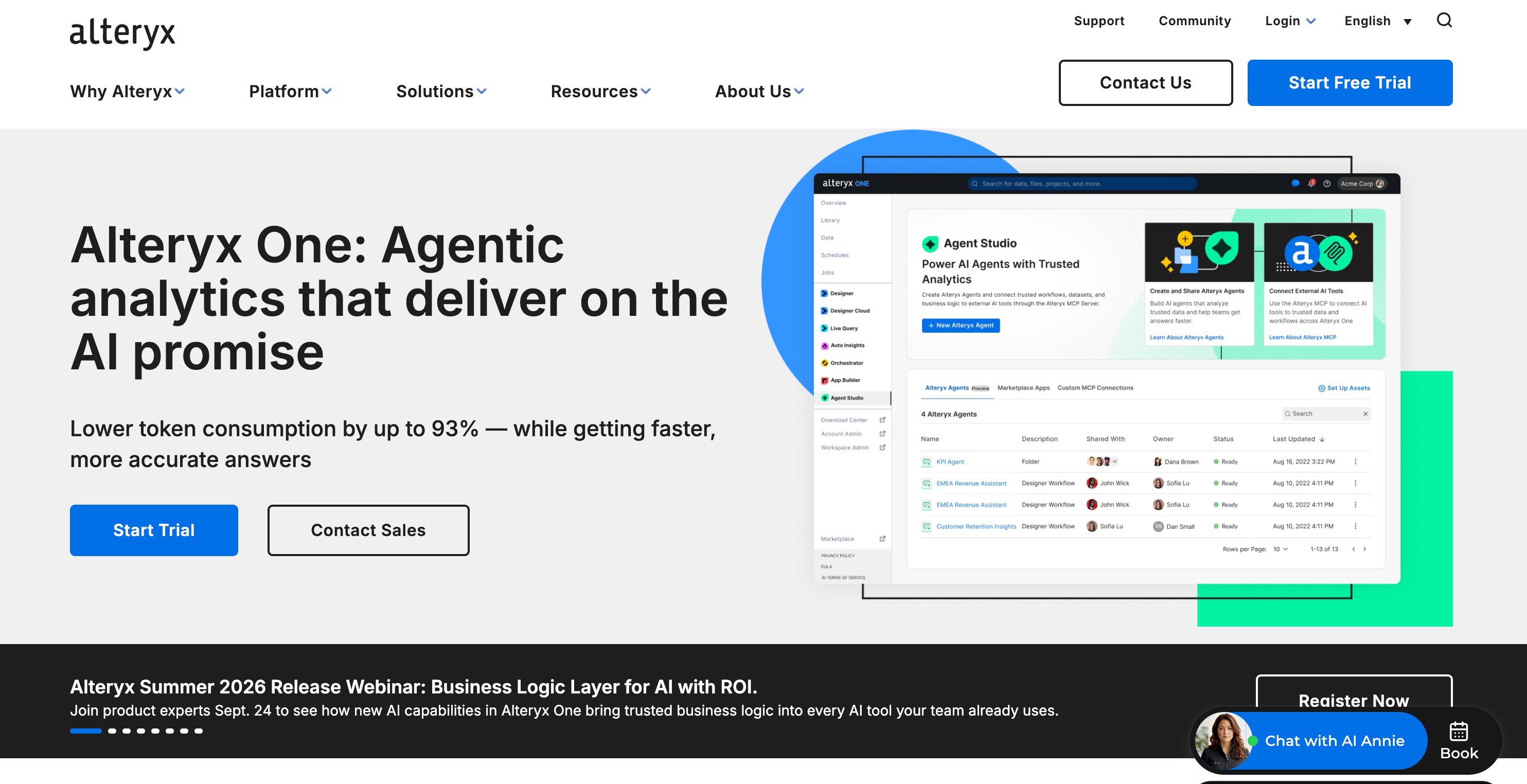 Alteryx home page headlined Alteryx One: Agentic analytics that deliver on the AI promise, beside an Agent Studio screen listing four Alteryx agents and their owners