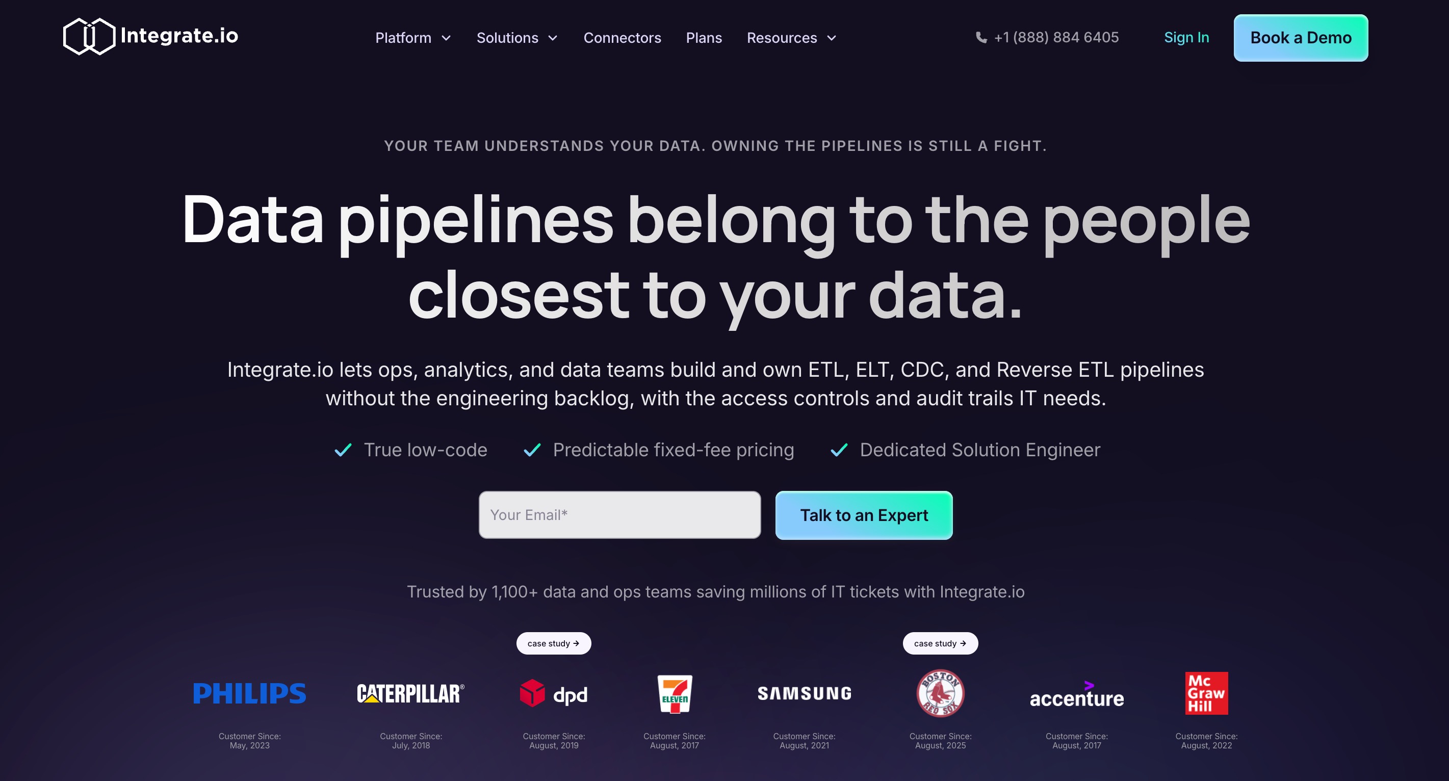 Integrate.io home page headlined Data pipelines belong to the people closest to your data, above a Talk to an Expert form and a strip of customer logos