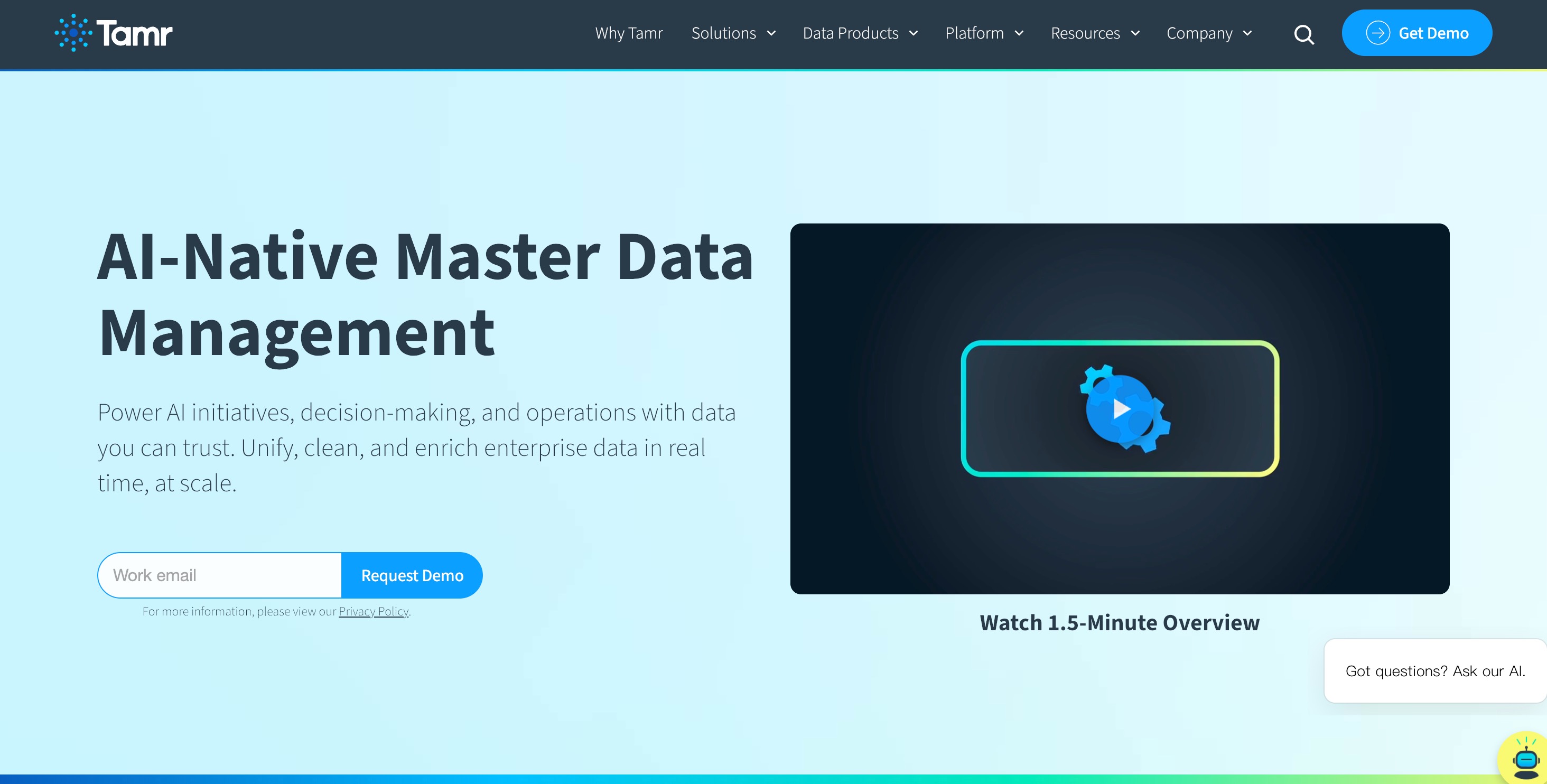 Tamr home page headlined AI-Native Master Data Management, with a request-demo form beside a video thumbnail labelled Watch 1.5-Minute Overview