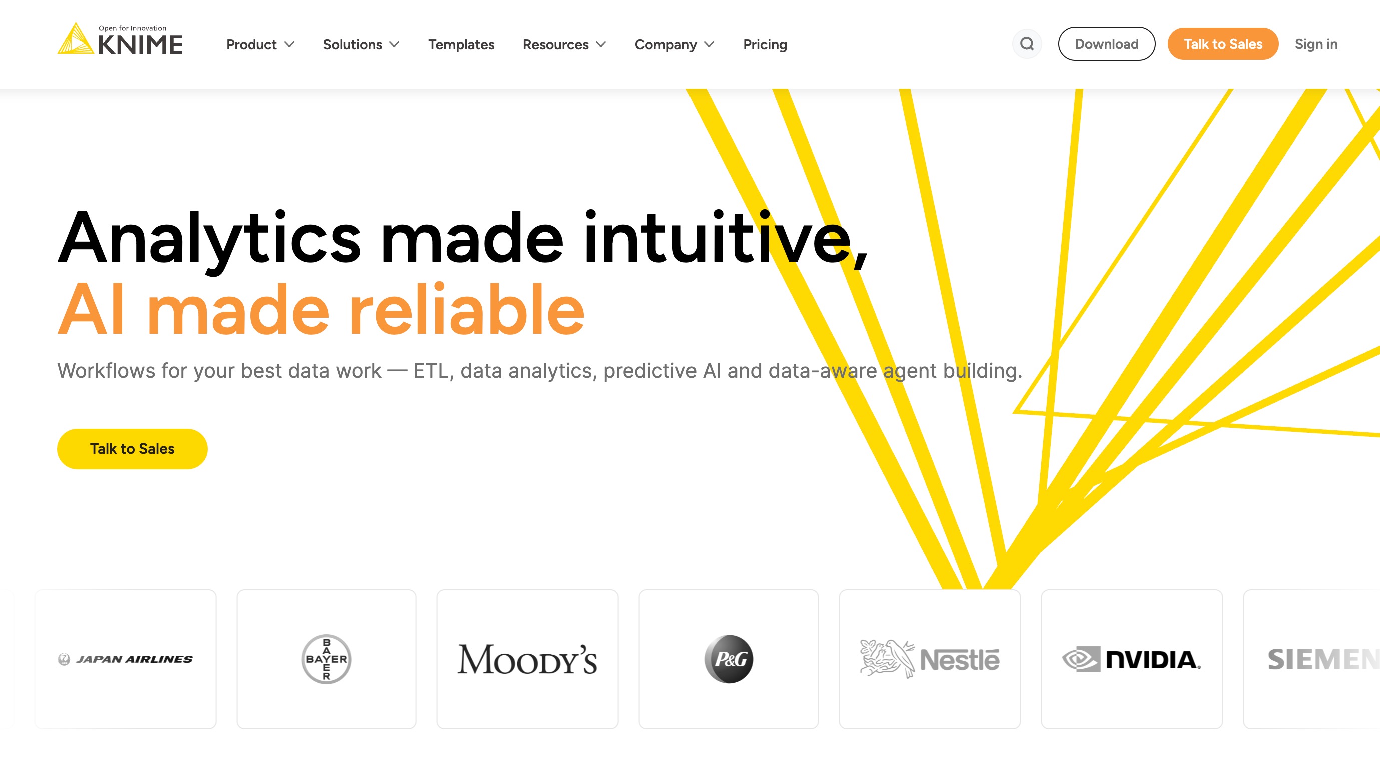 KNIME home page headlined Analytics made intuitive, AI made reliable, describing workflows for ETL, data analytics and predictive AI above a row of customer logos