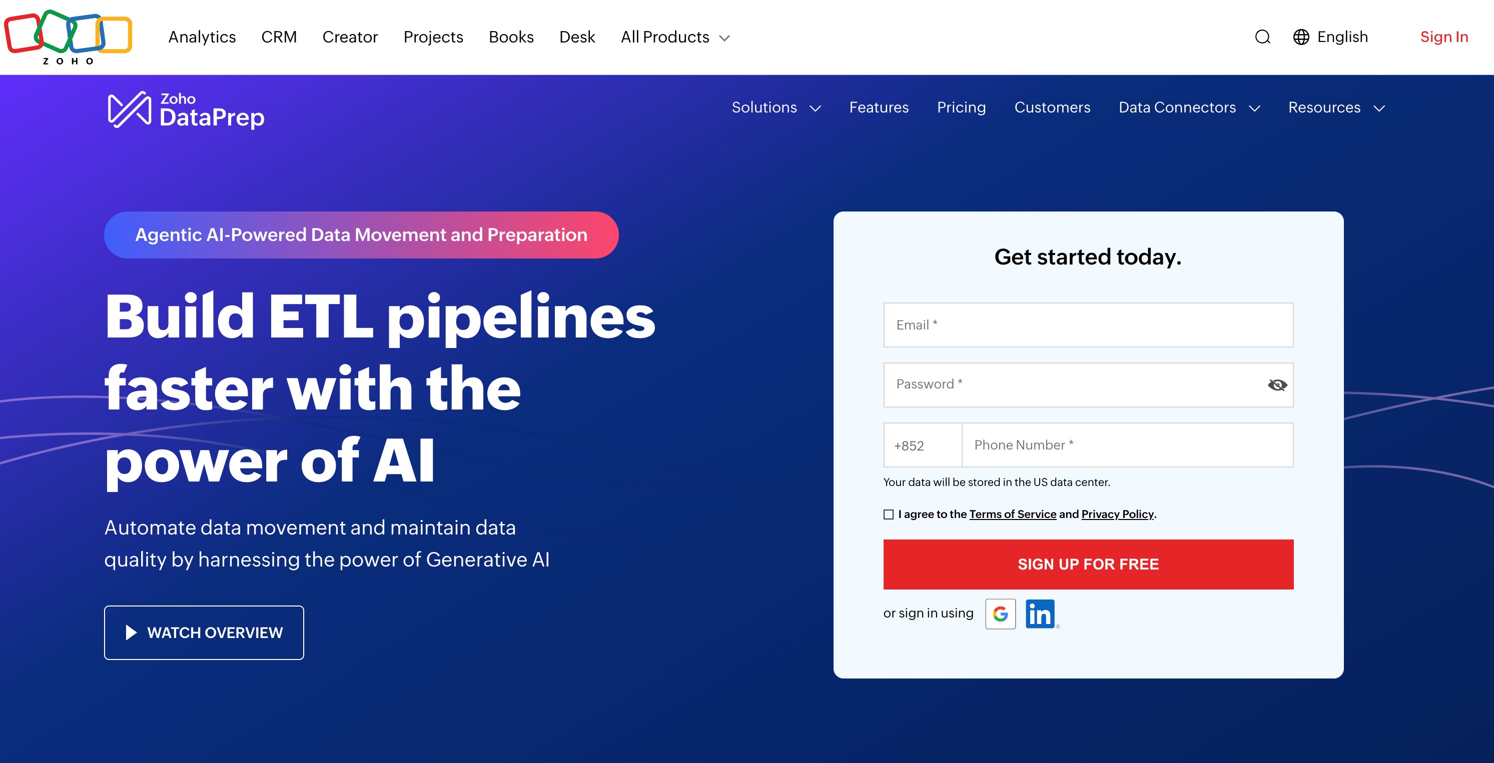 Zoho DataPrep home page badged Agentic AI-Powered Data Movement and Preparation and headlined Build ETL pipelines faster with the power of AI, beside a sign-up form