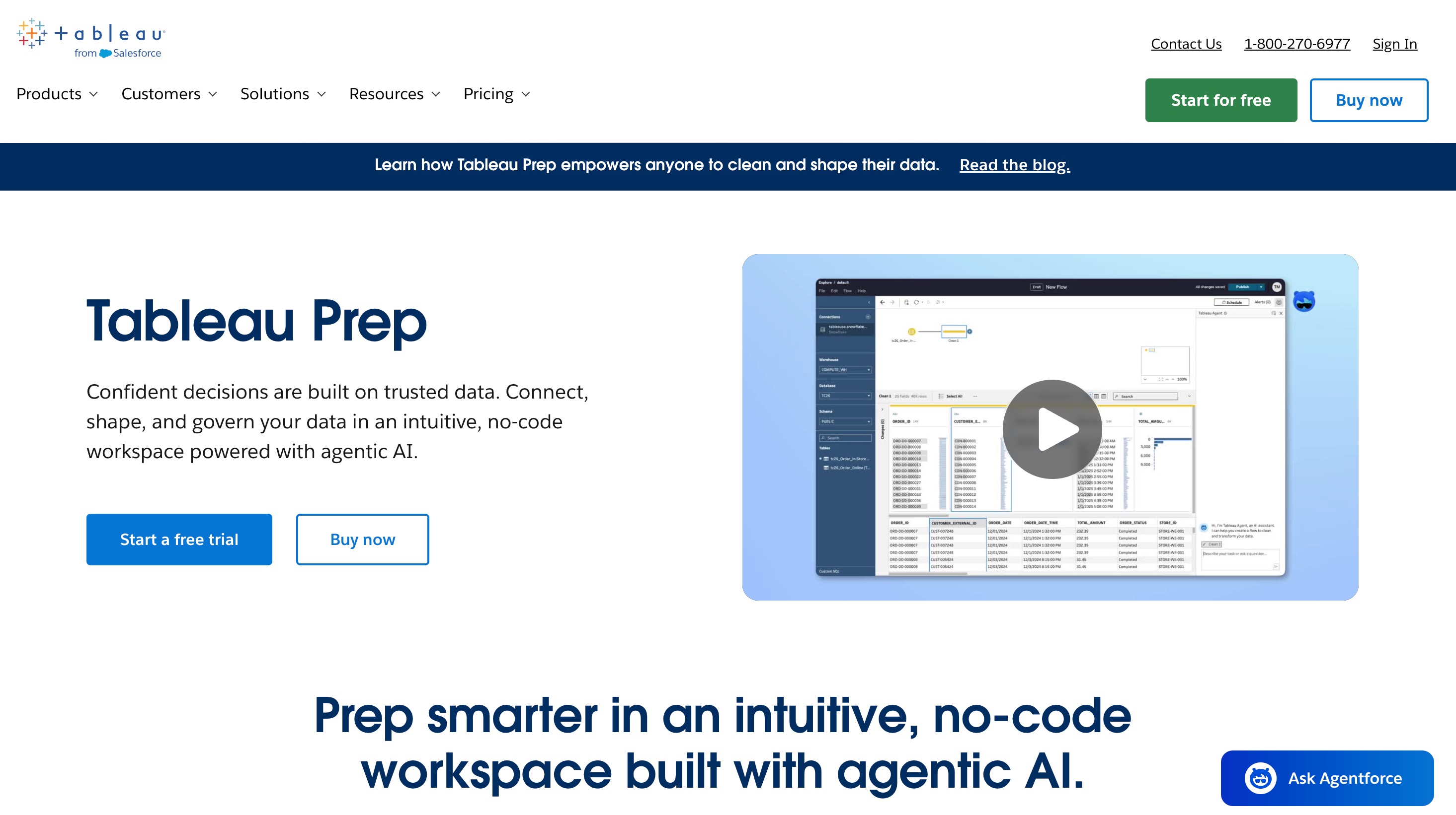Tableau Prep product page describing a no-code workspace powered by agentic AI, beside a video thumbnail of a Tableau Prep flow cleaning an order table