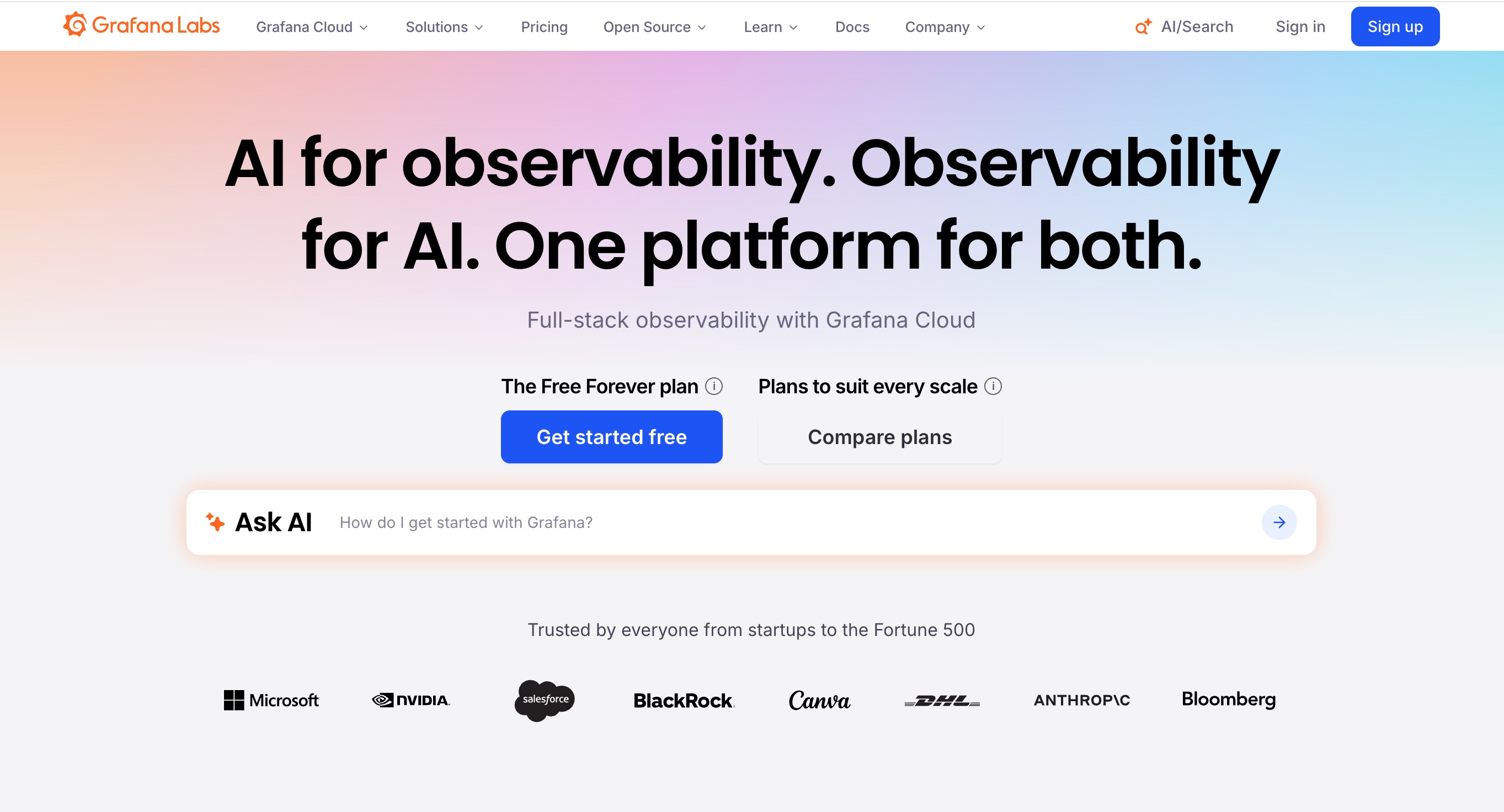 Grafana website, an observability platform for real-time time-series monitoring