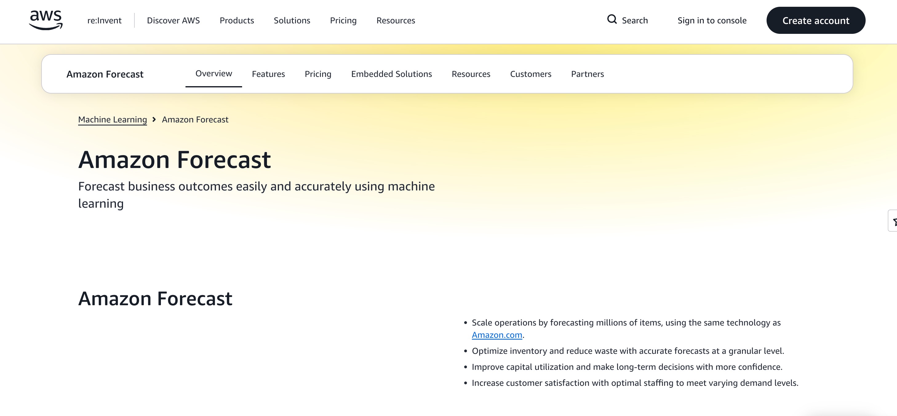 Amazon Forecast website, a managed AWS service for time-series forecasting