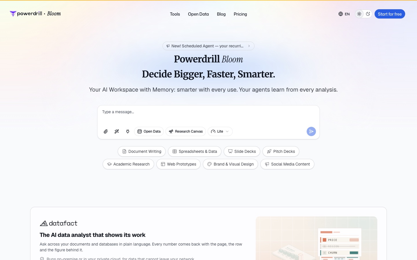 Powerdrill Bloom homepage, one of the best AI tools for accountants for close reports and analysis