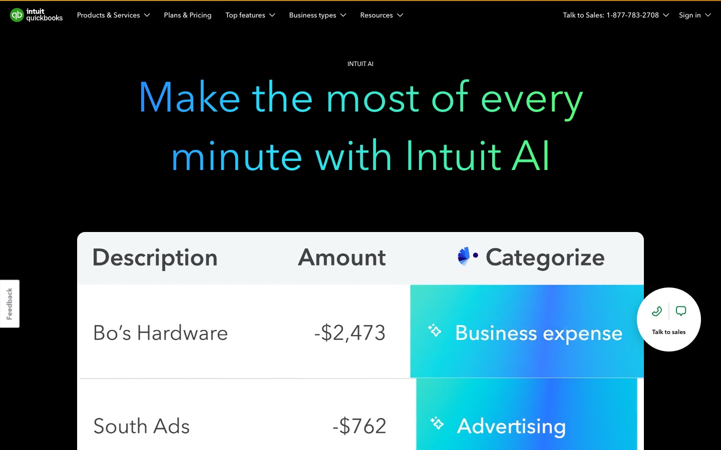 QuickBooks Online Intuit AI page for accountants and small businesses