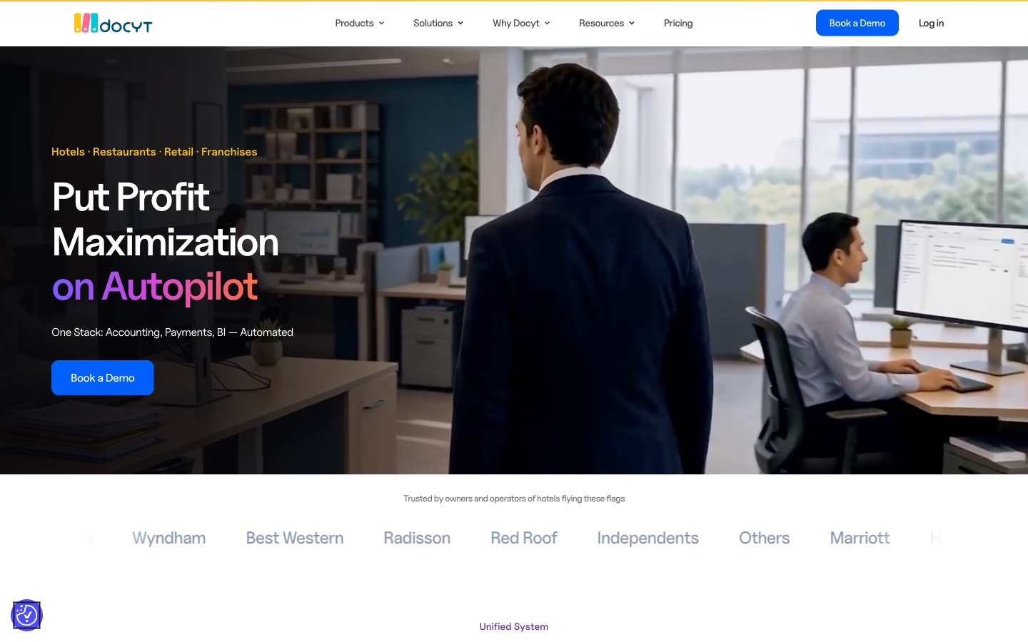 Docyt AI-native ERP homepage for hotels and restaurants