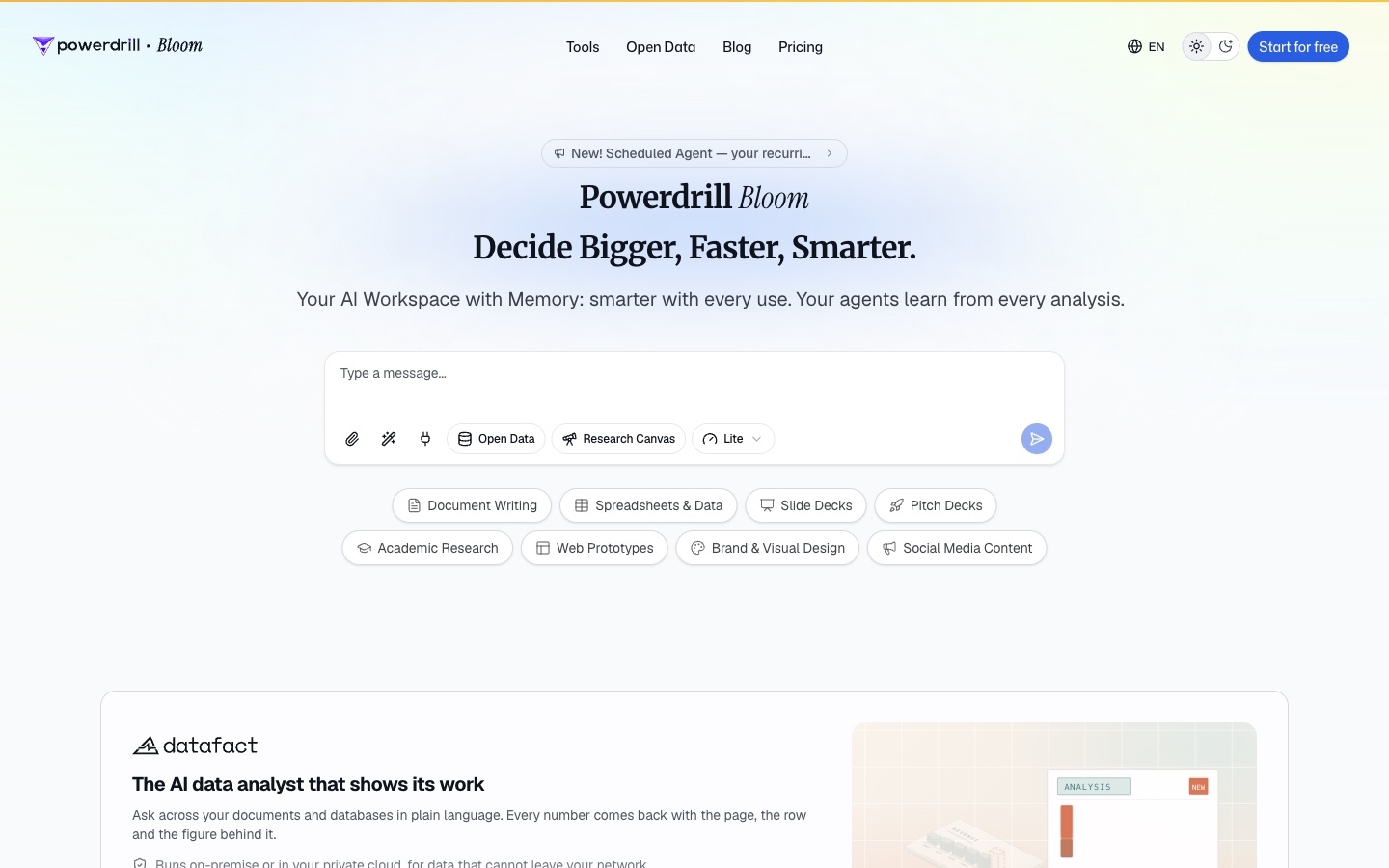 Powerdrill Bloom homepage, one of the best AI tools for product managers for research findings and reports