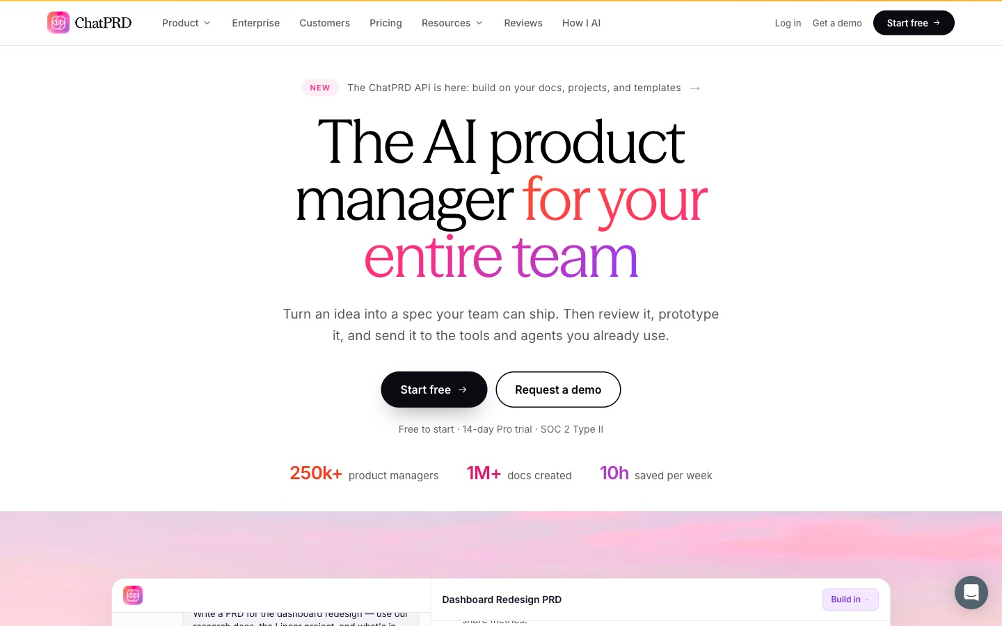 ChatPRD homepage, an AI product manager for writing PRDs
