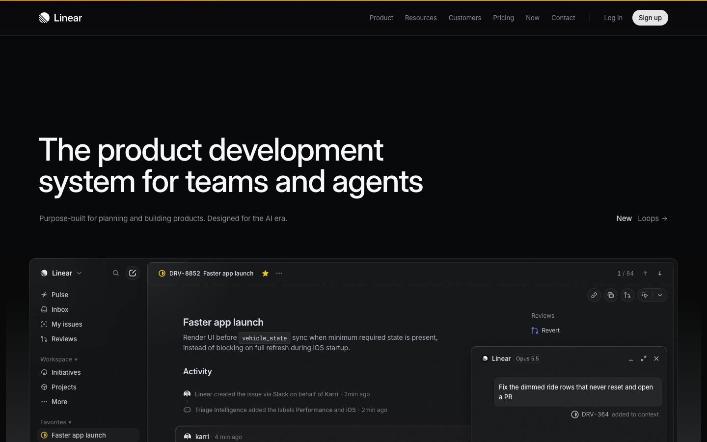 Linear homepage, a product development system for teams and agents