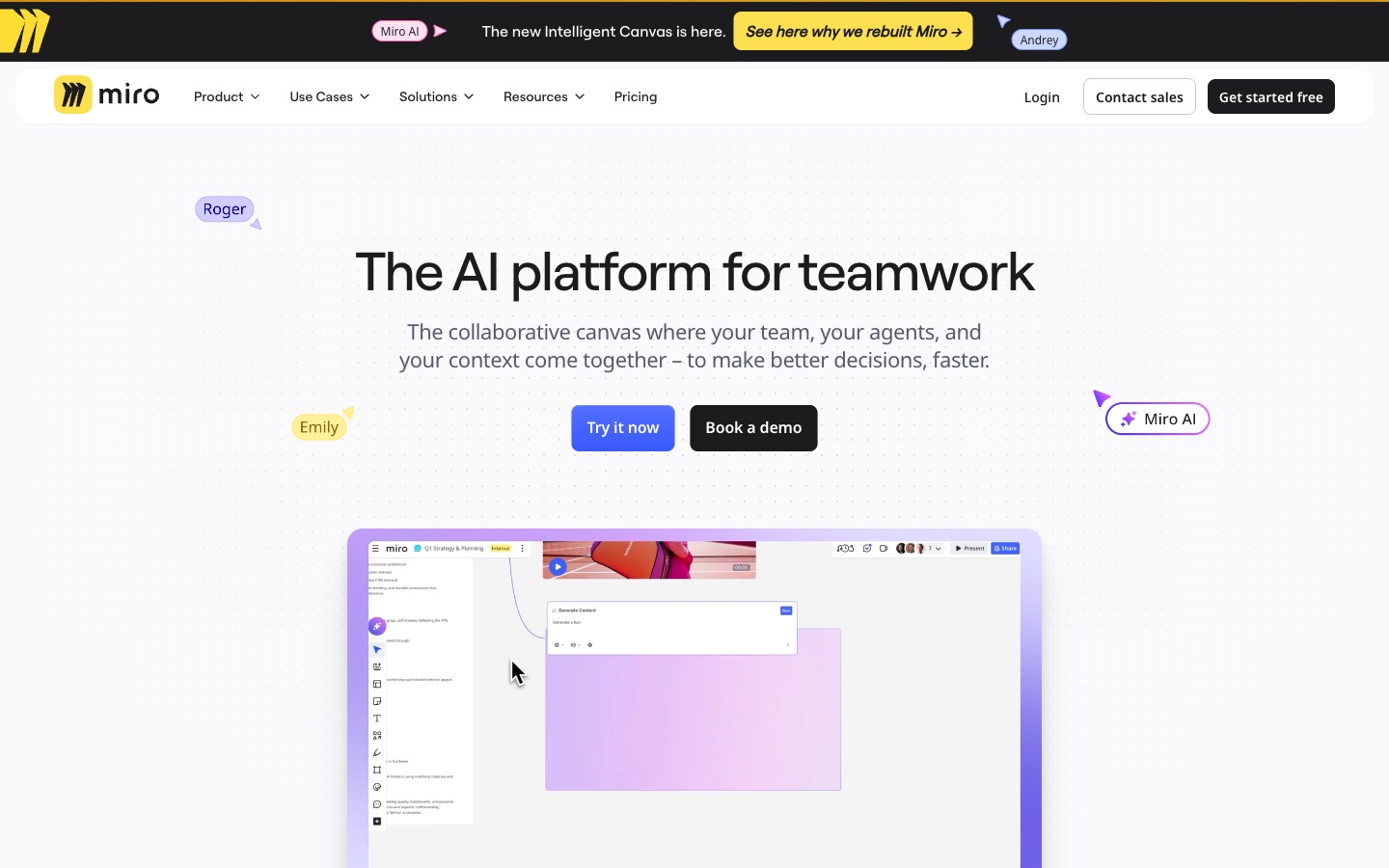 Miro AI page, the AI platform for teamwork on a shared canvas