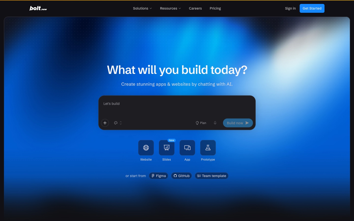 Bolt homepage for building apps, websites, and prototypes with AI
