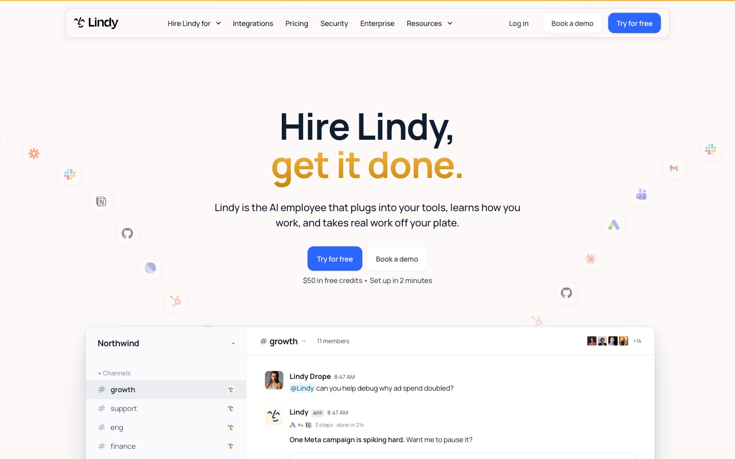 Lindy homepage, an AI employee that works in your tools